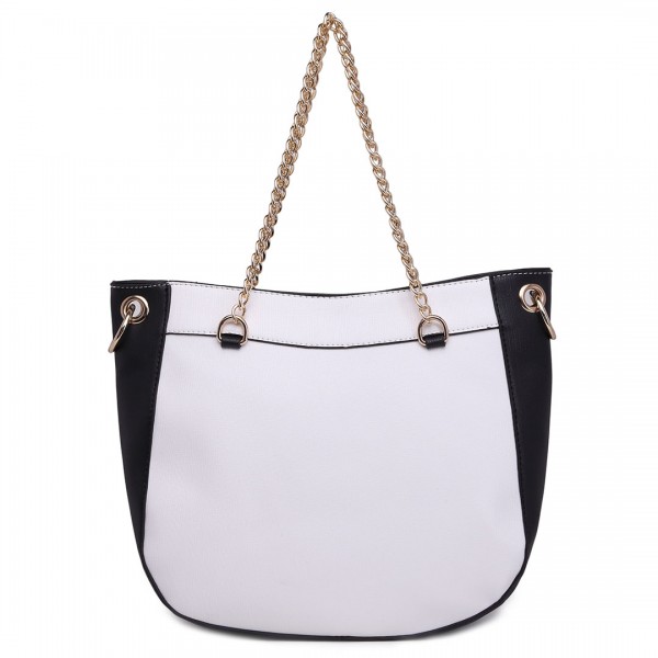 LT1728 - Miss Lulu Textured Leather Look Tassel Zip Detail Shoulder Bag White and Black