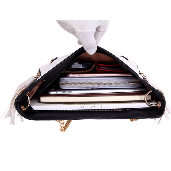 LT1728 - Miss Lulu Textured Leather Look Tassel Zip Detail Shoulder Bag White and Black