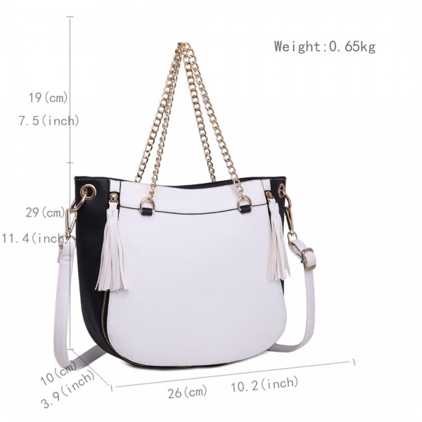 LT1728 - Miss Lulu Textured Leather Look Tassel Zip Detail Shoulder Bag White and Black