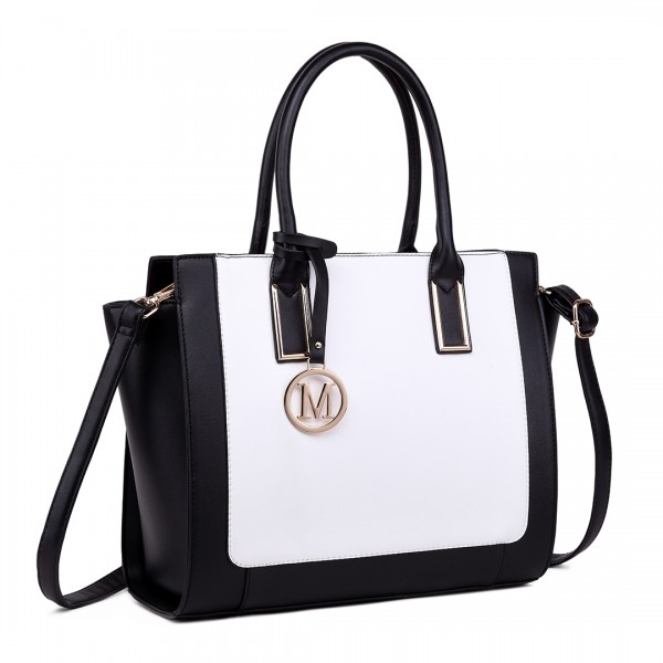 LT1736 - Miss Lulu Structured Work Shoulder Bag Black & White