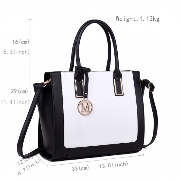 LT1736 - Miss Lulu Structured Work Shoulder Bag Black & White