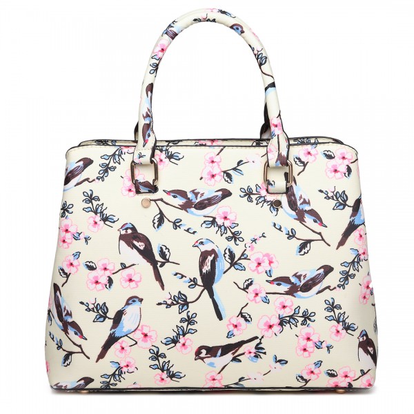 LT1755-16J BG - Miss Lulu Matte Bird Print  tarpaulin Tote Handbag Beige