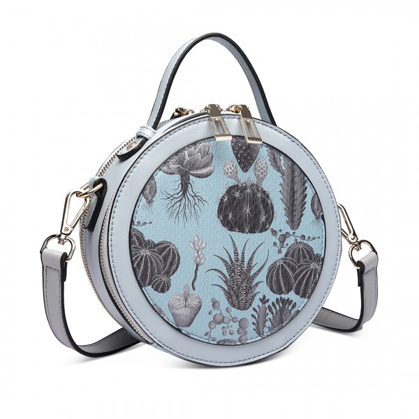 LT1810 BE Miss Lulu PU Leather Round Zip Cross Body Printed Bag Blue LT1810 BE Miss Lulu PU Leather Round Zip Cross Body Printed Bag Blue