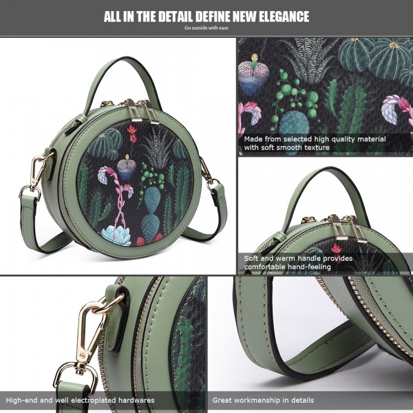 LT1810 BK/GN Miss Lulu PU Leather Round Zip Cross Body Printed Bag Black/Green LT1810 BK/GN Miss Lulu PU Leather Round Zip Cross Body Printed Bag Black/Green