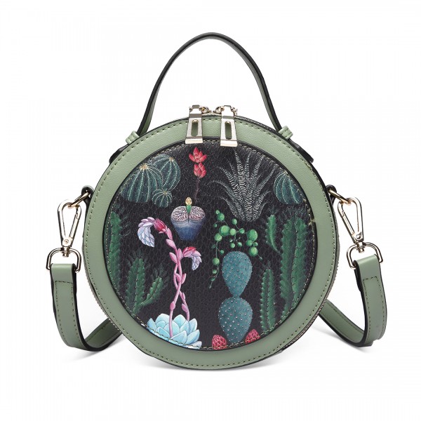 LT1810 BK/GN Miss Lulu PU Leather Round Zip Cross Body Printed Bag Black/Green LT1810 BK/GN Miss Lulu PU Leather Round Zip Cross Body Printed Bag Black/Green
