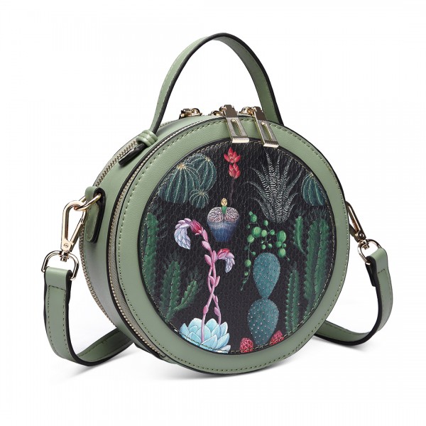 LT1810 BK/GN Miss Lulu PU Leather Round Zip Cross Body Printed Bag Black/Green LT1810 BK/GN Miss Lulu PU Leather Round Zip Cross Body Printed Bag Black/Green