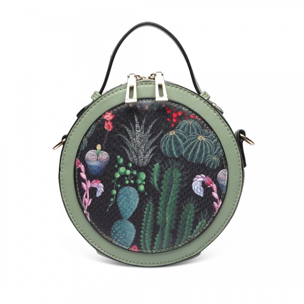 LT1810 BK/GN Miss Lulu PU Leather Round Zip Cross Body Printed Bag Black/Green LT1810 BK/GN Miss Lulu PU Leather Round Zip Cross Body Printed Bag Black/Green