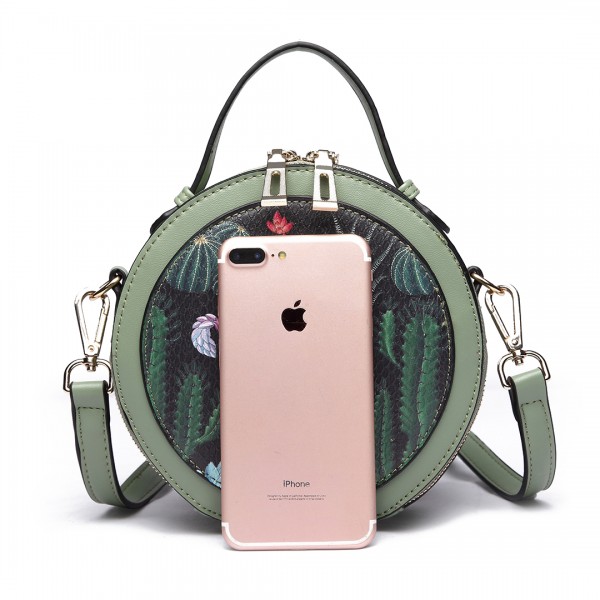 LT1810 BK/GN Miss Lulu PU Leather Round Zip Cross Body Printed Bag Black/Green LT1810 BK/GN Miss Lulu PU Leather Round Zip Cross Body Printed Bag Black/Green
