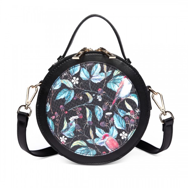 LT1810 BK Miss Lulu PU Leather Round Zip Cross Body Printed Bag Black LT1810 BK Miss Lulu PU Leather Round Zip Cross Body Printed Bag Black