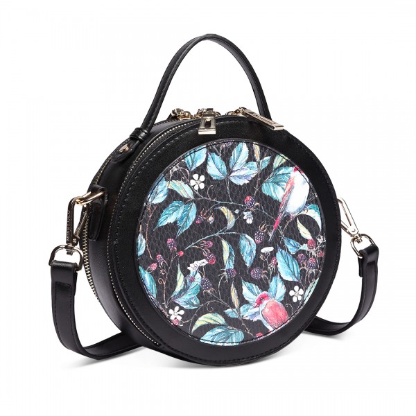 LT1810 BK Miss Lulu PU Leather Round Zip Cross Body Printed Bag Black LT1810 BK Miss Lulu PU Leather Round Zip Cross Body Printed Bag Black