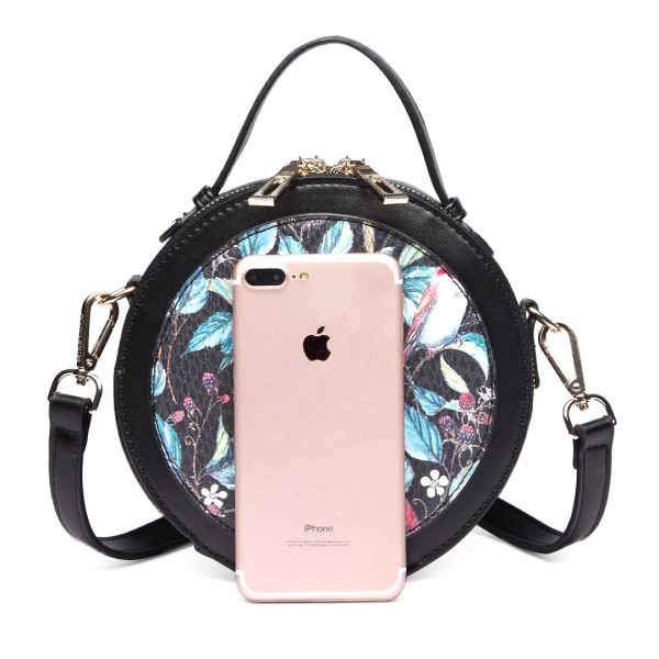LT1810 BK Miss Lulu PU Leather Round Zip Cross Body Printed Bag Black LT1810 BK Miss Lulu PU Leather Round Zip Cross Body Printed Bag Black