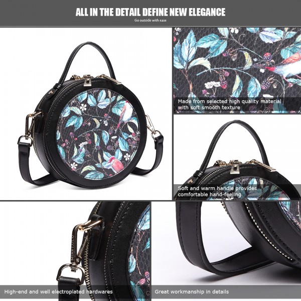 LT1810 BK Miss Lulu PU Leather Round Zip Cross Body Printed Bag Black LT1810 BK Miss Lulu PU Leather Round Zip Cross Body Printed Bag Black