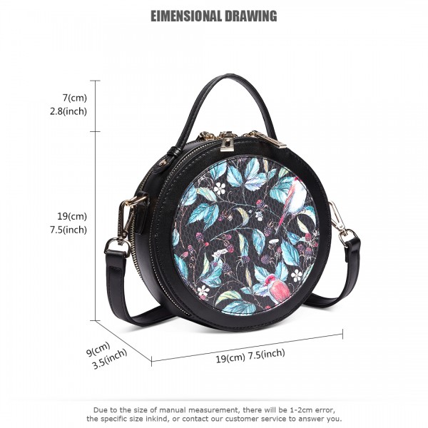 LT1810 BK Miss Lulu PU Leather Round Zip Cross Body Printed Bag Black LT1810 BK Miss Lulu PU Leather Round Zip Cross Body Printed Bag Black