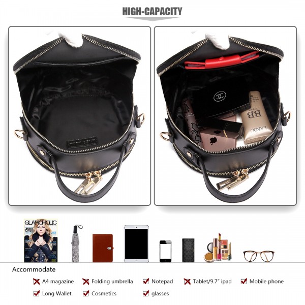 LT1810 BK Miss Lulu PU Leather Round Zip Cross Body Printed Bag Black LT1810 BK Miss Lulu PU Leather Round Zip Cross Body Printed Bag Black