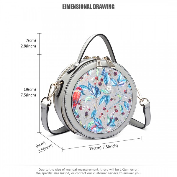 LT1810 GY Miss Lulu PU Leather Round Zip Cross Body Printed Bag Grey LT1810 GY Miss Lulu PU Leather Round Zip Cross Body Printed Bag Grey
