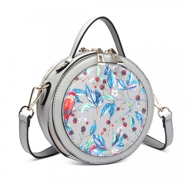 LT1810 GY Miss Lulu PU Leather Round Zip Cross Body Printed Bag Grey LT1810 GY Miss Lulu PU Leather Round Zip Cross Body Printed Bag Grey