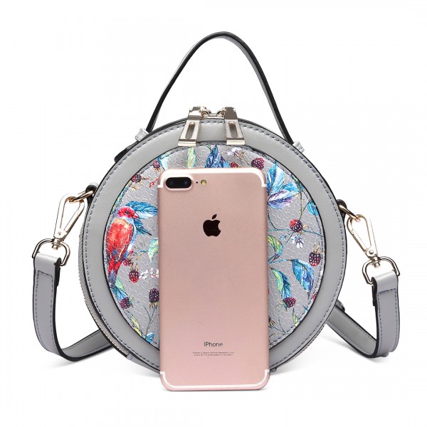 LT1810 GY Miss Lulu PU Leather Round Zip Cross Body Printed Bag Grey LT1810 GY Miss Lulu PU Leather Round Zip Cross Body Printed Bag Grey