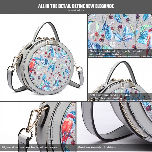 LT1810 GY Miss Lulu PU Leather Round Zip Cross Body Printed Bag Grey LT1810 GY Miss Lulu PU Leather Round Zip Cross Body Printed Bag Grey