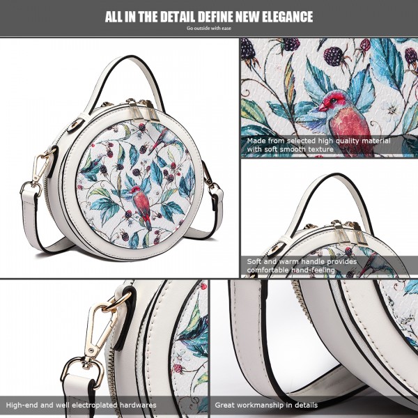 LT1810 WE Miss Lulu PU Leather Round Zip Cross Body Printed Bag White LT1810 WE Miss Lulu PU Leather Round Zip Cross Body Printed Bag White