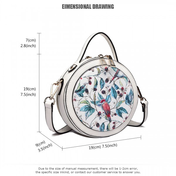 LT1810 WE Miss Lulu PU Leather Round Zip Cross Body Printed Bag White LT1810 WE Miss Lulu PU Leather Round Zip Cross Body Printed Bag White