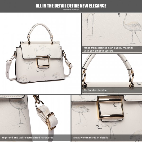 LT1814 WE -Miss Lulu Flamingo Printed Crossbody Handbag White LT1814 WE -Miss Lulu Flamingo Printed Crossbody Handbag White