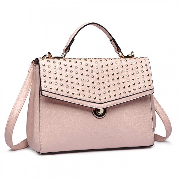LT1819-MISS LULU PU LEATHER STUDDED SHOULDER HANDBAG NUDE