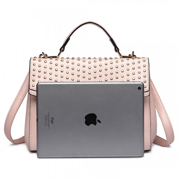 LT1819-MISS LULU PU LEATHER STUDDED SHOULDER HANDBAG NUDE