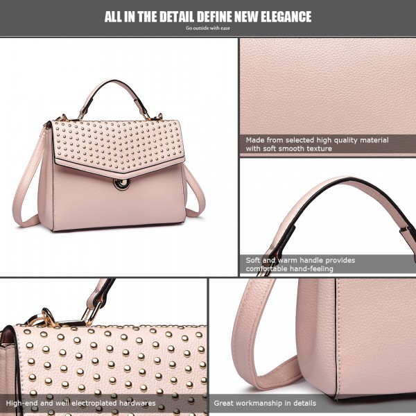 LT1819-MISS LULU PU LEATHER STUDDED SHOULDER HANDBAG NUDE