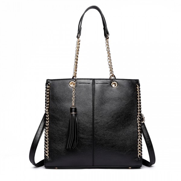 LT1821 BK -Miss Lulu Faux Leather Tassel Chain Tote Handbags Black