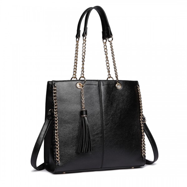 LT1821 BK -Miss Lulu Faux Leather Tassel Chain Tote Handbags Black