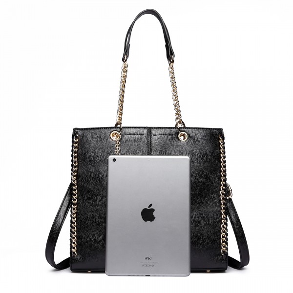 LT1821 BK -Miss Lulu Faux Leather Tassel Chain Tote Handbags Black