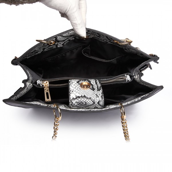 LT1821 BK -Miss Lulu Faux Leather Tassel Chain Tote Handbags Black