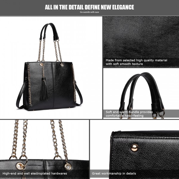LT1821 BK -Miss Lulu Faux Leather Tassel Chain Tote Handbags Black