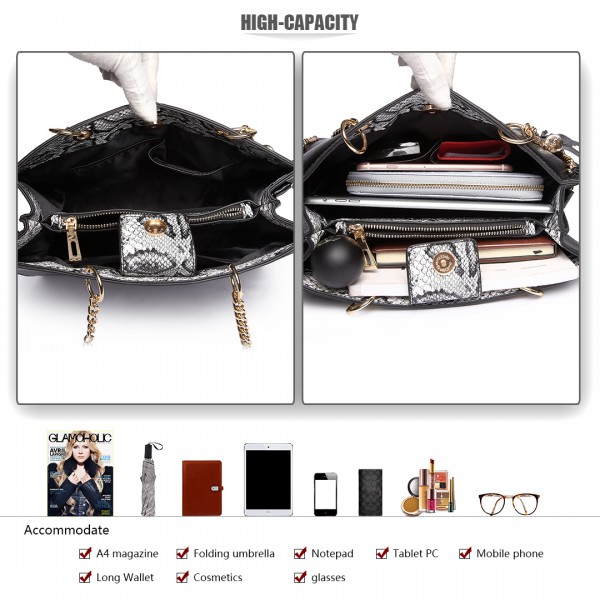 LT1821 BK -Miss Lulu Faux Leather Tassel Chain Tote Handbags Black