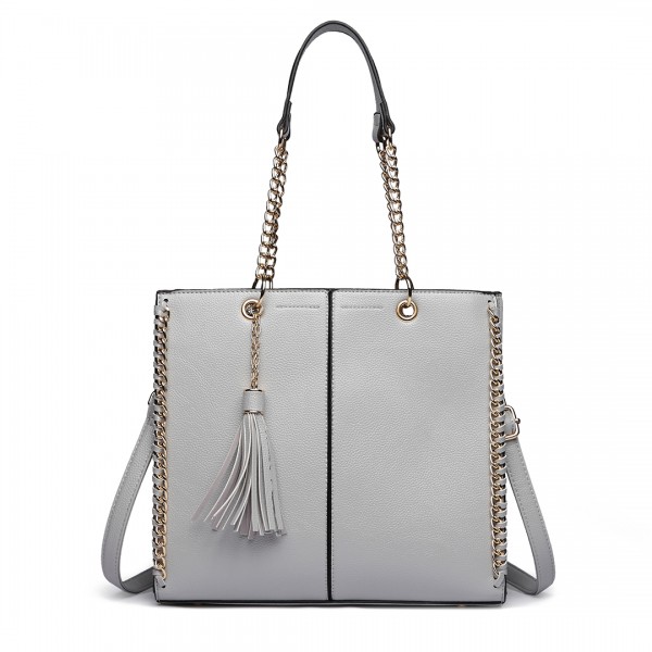 LT1821 GY -Miss Lulu Faux Leather Tassel Chain Tote Handbags Grey