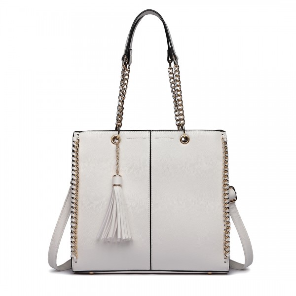 LT1821 WE -Miss Lulu Faux Leather Tassel Chain Tote Handbags White