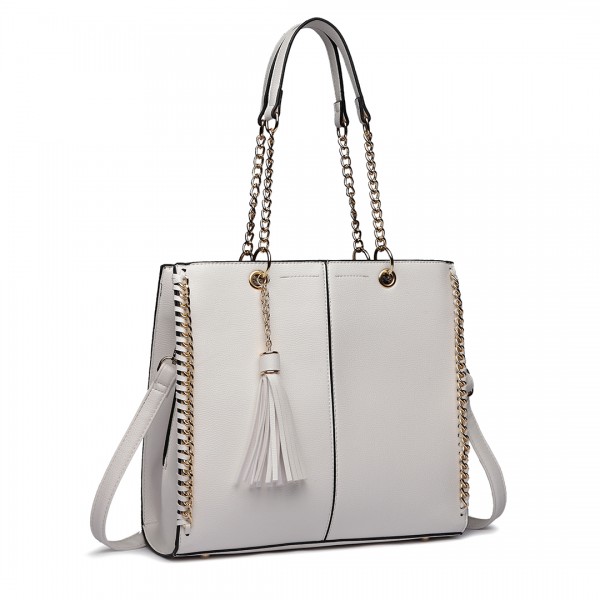 LT1821 WE -Miss Lulu Faux Leather Tassel Chain Tote Handbags White