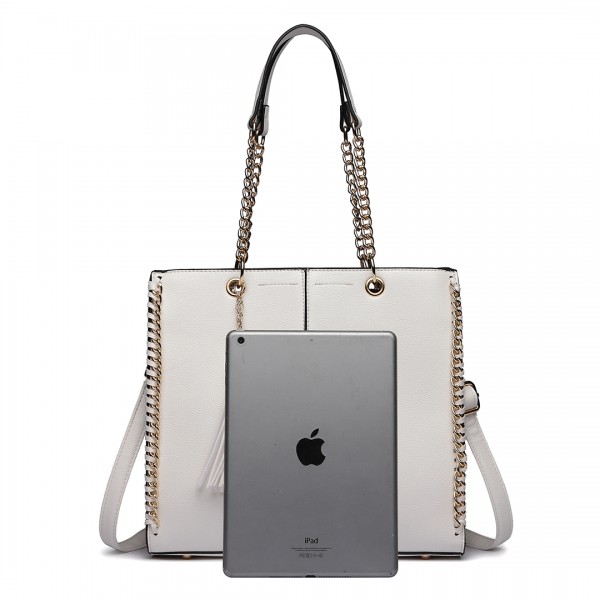 LT1821 WE -Miss Lulu Faux Leather Tassel Chain Tote Handbags White