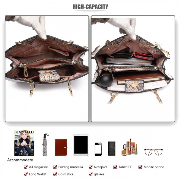 LT1821 WE -Miss Lulu Faux Leather Tassel Chain Tote Handbags White