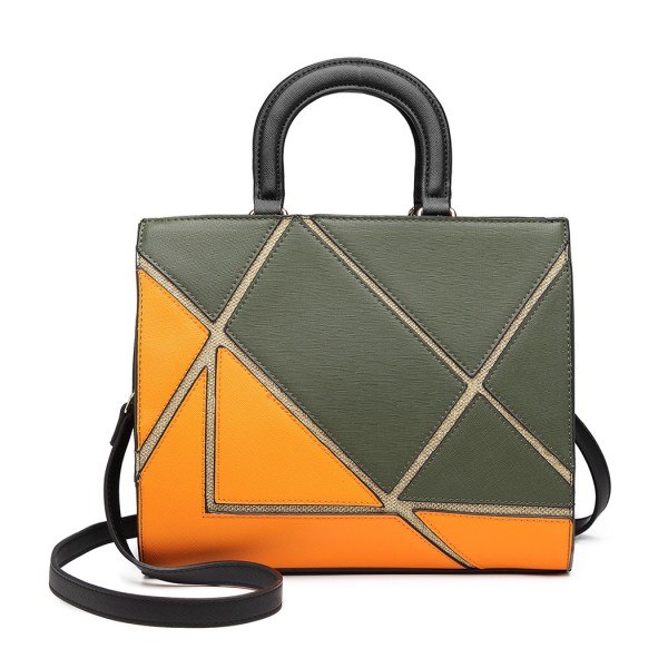 LT1860-MISS LULU LEATHER LOOK COLOR BLOCK HANDBAG SHOULDER BAG GREEN/ORANGE