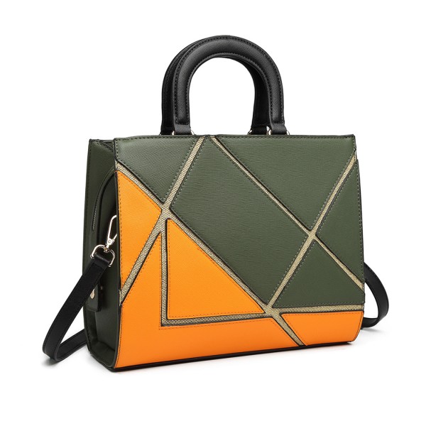 LT1860-MISS LULU LEATHER LOOK COLOR BLOCK HANDBAG SHOULDER BAG GREEN/ORANGE