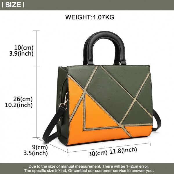 LT1860-MISS LULU LEATHER LOOK COLOR BLOCK HANDBAG SHOULDER BAG GREEN/ORANGE