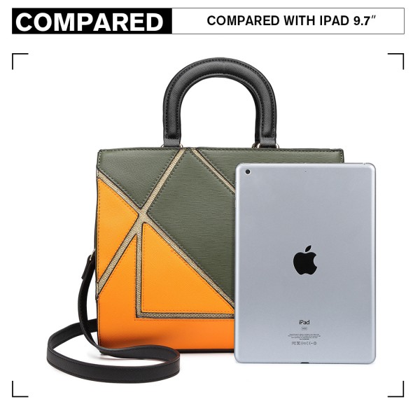 LT1860-MISS LULU LEATHER LOOK COLOR BLOCK HANDBAG SHOULDER BAG GREEN/ORANGE