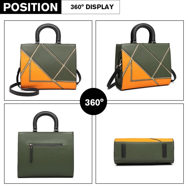LT1860-MISS LULU LEATHER LOOK COLOR BLOCK HANDBAG SHOULDER BAG GREEN/ORANGE
