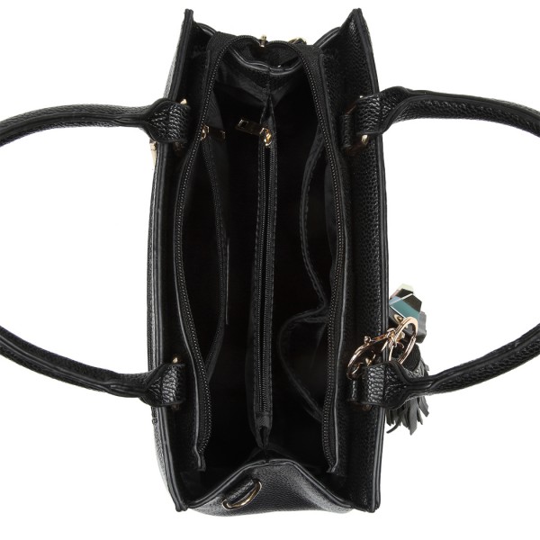 LT1864 - Miss Lulu Burlap Panel Pendant Shoulder Bag - Black