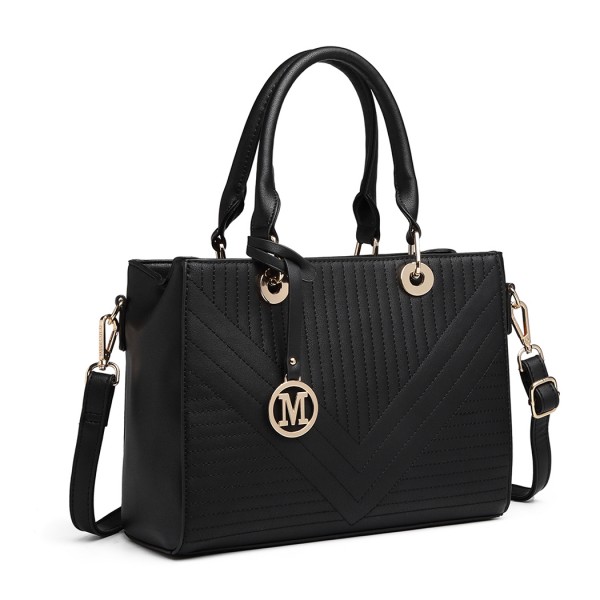 LT1865 - Miss Lulu Quilted Stitched Detail Handbag - Black