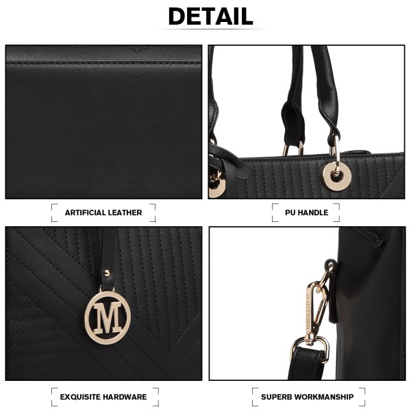 LT1865 - Miss Lulu Quilted Stitched Detail Handbag - Black