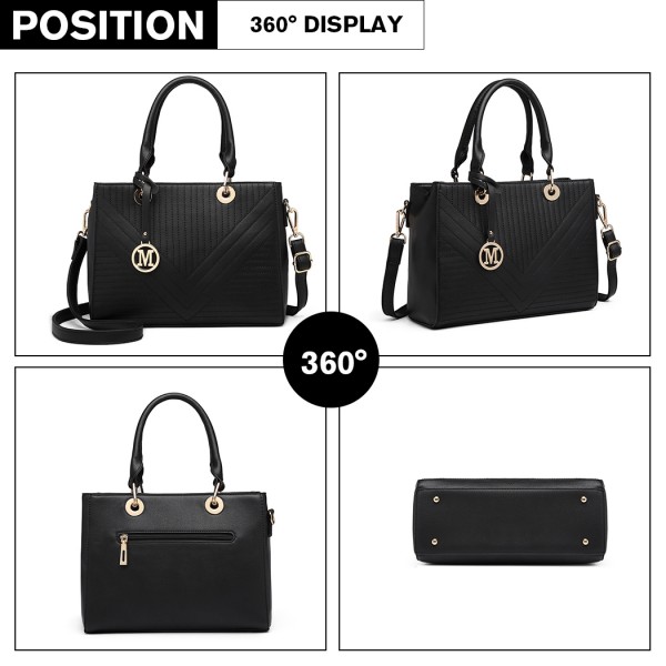 LT1865 - Miss Lulu Quilted Stitched Detail Handbag - Black