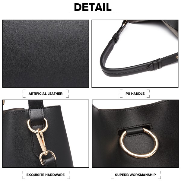 LT1917 - Miss Lulu 2 Piece Bucket Tote Bag Set - Black