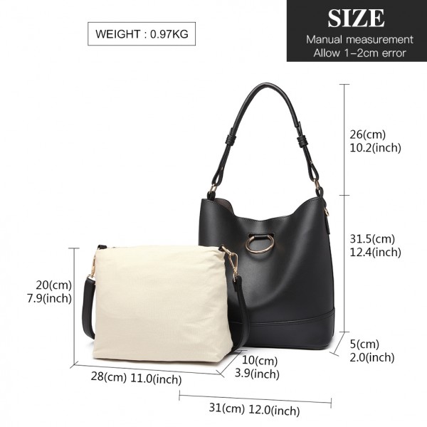 LT1917 - Miss Lulu 2 Piece Bucket Tote Bag Set - Black